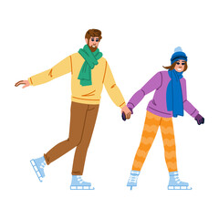 Couple holding hands while ice skating in winter clothes