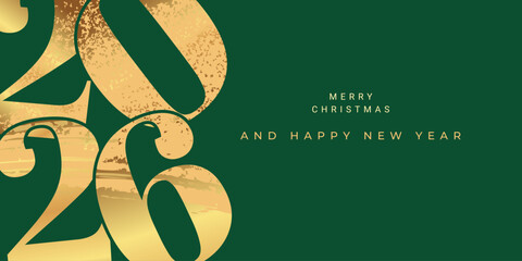 Merry Christmas and Happy New Year 2026 greeting card, poster, web banner, holiday cover. Creative concept with gold typography logo 2026 for celebration and season decoration. Vector design template © Svitla