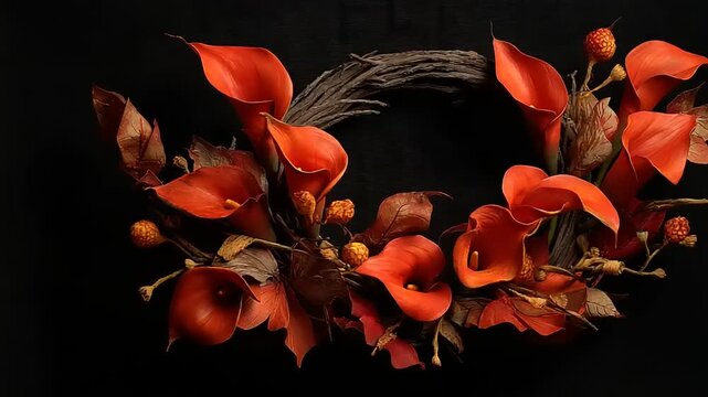 Ornamental wreath with orange calla lilies and autumnal foliage