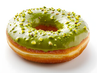 Premium studio shot showing Delicious pistachio donut with green frosting baked dessert bakery item isolated on transparent background, studio product photo on a clean white background, isolated, pin