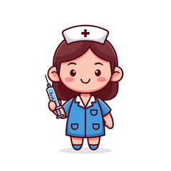 A cartoon nurse in a blue uniform holds a syringe, , smiling with a cheerful expression, ready to provide medical care and vaccinations in a friendly and supportive manner