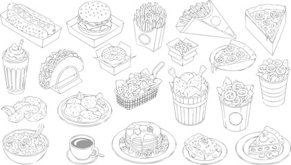 Outline hamburger and fries American food vector, vector