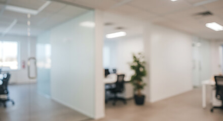 Blurred Modern Office Interior, Glass Partitions, Workspace