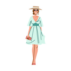 Elegant woman walking in stylish summer dress and hat holding clutch