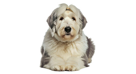 Old English Sheepdog on white: gentle working dog with thick fur.
