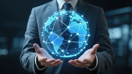 Businessman presenting a glowing, interconnected globe