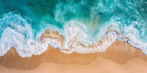 Fototapeta premium Aerial view of waves crashing on sandy beach 