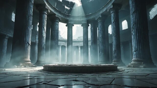 Ancient ruined circular temple interior with tall stone columns cracked marble floor and dramatic sunlight rays shining through broken dome roof