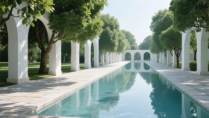 Elegant Reflective Pool Lined with White Columns and Lush Green Trees
