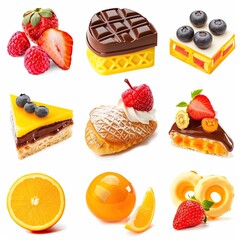 Nine colorful, isolated food items on a white background, showcasing diverse textures and flavors.  Assorted desserts and fruits