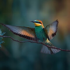 Colorful European bee-eater bird perched on a branch with wings spread wide, soft blurred background
