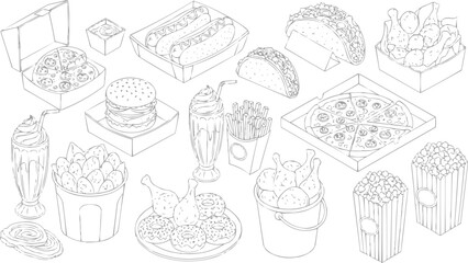 Outline American food vector illustration set for creative design, vector