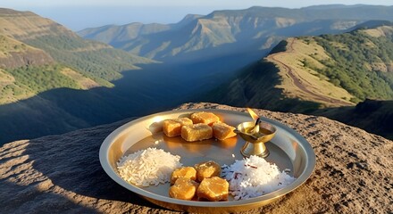 Offering of sweets and rice on a plate with a candle in a scenic mountain landscape.