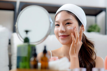 Beauty young asian woman applying cream on facial for wrinkles while looking mirror in living room...
