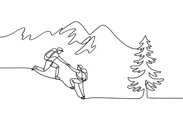 Two hikers helping each other climb a mountain with a tree