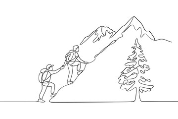 Two climbers helping each other ascend a steep mountain face