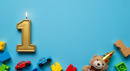 Gold Number One Candle, Toys, First Birthday Background