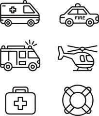 Emergency Services Outline Icons Set Ambulance, Police Car, Fire Truck, Siren, First Aid Kit, Lifebuoy, and Rescue Helicopter