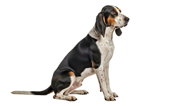 Purebred American English Coonhound on white: tricolor scent hound.
