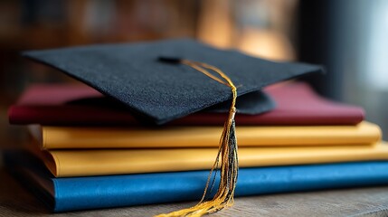 Graduation cap and tassel lie atop a stack of colorful leather-bound books symbolizing achievement and the culmination of learning