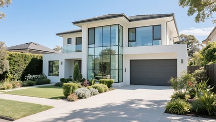 Modern White Two-story House with Large Glass Windows and Well-maintained Garden