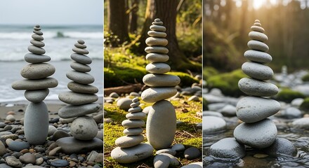 Obraz premium Collage of Balanced Stacked Stones in Serene Natural Environments like Beach, Forest, and River.