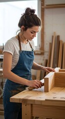 Focused female artisan meticulously sands a handcrafted wooden furniture piece in her bright workshop, showcasing dedication to traditional carpentry and fine craftsmanship
