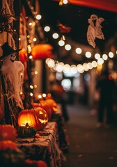 Atmospheric Halloween night scene showcasing glowing jack-o'-lanterns, spooky ghost decorations, and warm string lights, creating a festive autumnal street display