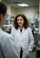 Two scientists wearing lab coats in a laboratory setting, discussing research and experiments, highlighting scientific collaboration and discovery