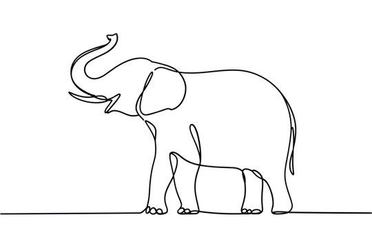 Elegant single line drawing of an elephant with raised trunk