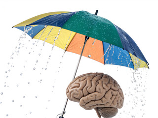 &ldquo;World Mental Health Day &ndash; Brain Protected by Umbrella from Storm, Symbol of Care and Positivity, Isolated PNG on White Background