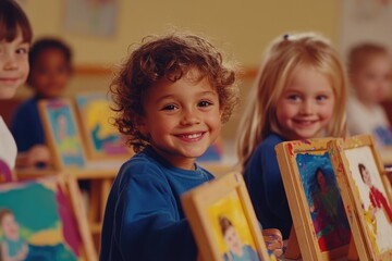 Fototapeta premium Preschool children happily paint self-portraits in class, showcasing their creativity and smiles.
