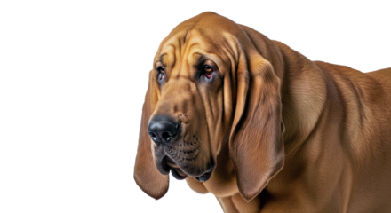 Purebred Bloodhound on white: tracking dog with wrinkled face.