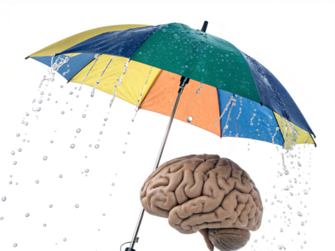 “World Mental Health Day – Brain Protected by Umbrella from Storm, Symbol of Care and Positivity, Isolated PNG on White Background