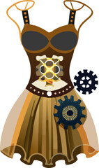 Steampunk dress with gears and corset isolated on white background