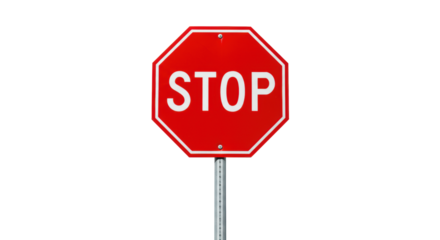 A photorealistic bright red octagonal STOP sign with white "STOP" letters, on a grey pole, centered against a transparent shadowless background, concept of urgent caution