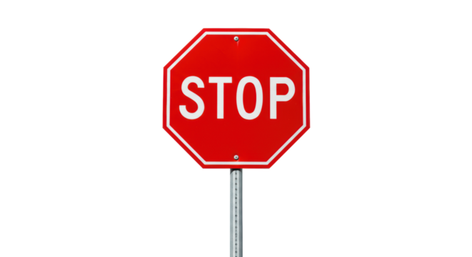 A photorealistic bright red octagonal STOP sign with white "STOP" letters, on a grey pole, centered against a transparent shadowless background, concept of urgent caution