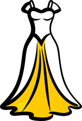 Modern off shoulder evening gown with flowing train isolated on white background