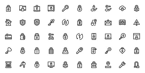 Keys and Locks icon set. Security vector symbols. Includes fingerprint, safe, padlock, key, shield, password, smartphone, bitcoin, and more. Editable thin line icons.