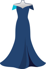 Modern off shoulder evening gown with flowing train isolated on white background