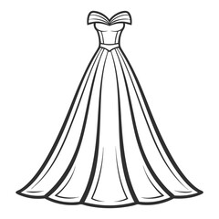 Modern off shoulder evening gown with flowing train isolated on white background