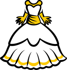 Elegant royal ballroom gown with layered ruffles and glove isolated on white background