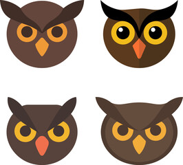 Obraz premium Four diverse, stylized owl faces with big eyes and expressive features.