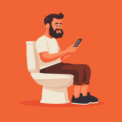 Funny Illustration of a Man Using a Phone on the Toilet