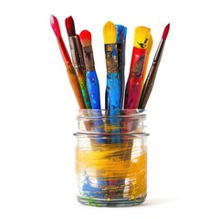 Colorful paintbrushes in a glass jar