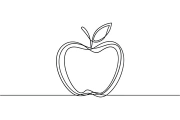 Minimalist single line drawing of an apple with a leaf and stem