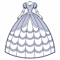 Elegant royal ballroom gown with layered ruffles and glove isolated on white background