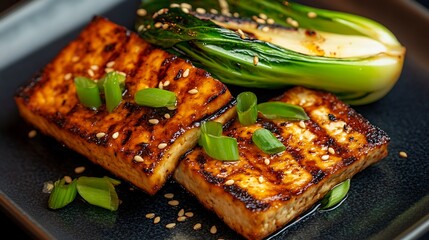 Grilled tofu with bok choy and sesame garnishes.