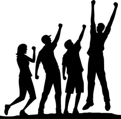 Silhouette of four people with raised fists and arms in the air celebrating a victory together joyfully