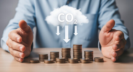 A person protecting stacks of coins with a co cloud and arrows pointing down on them